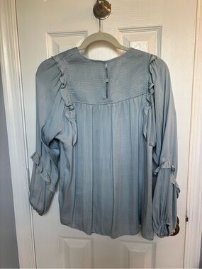 dolan Light Blue Ruffle-Yoke Long Sleeve Blouse